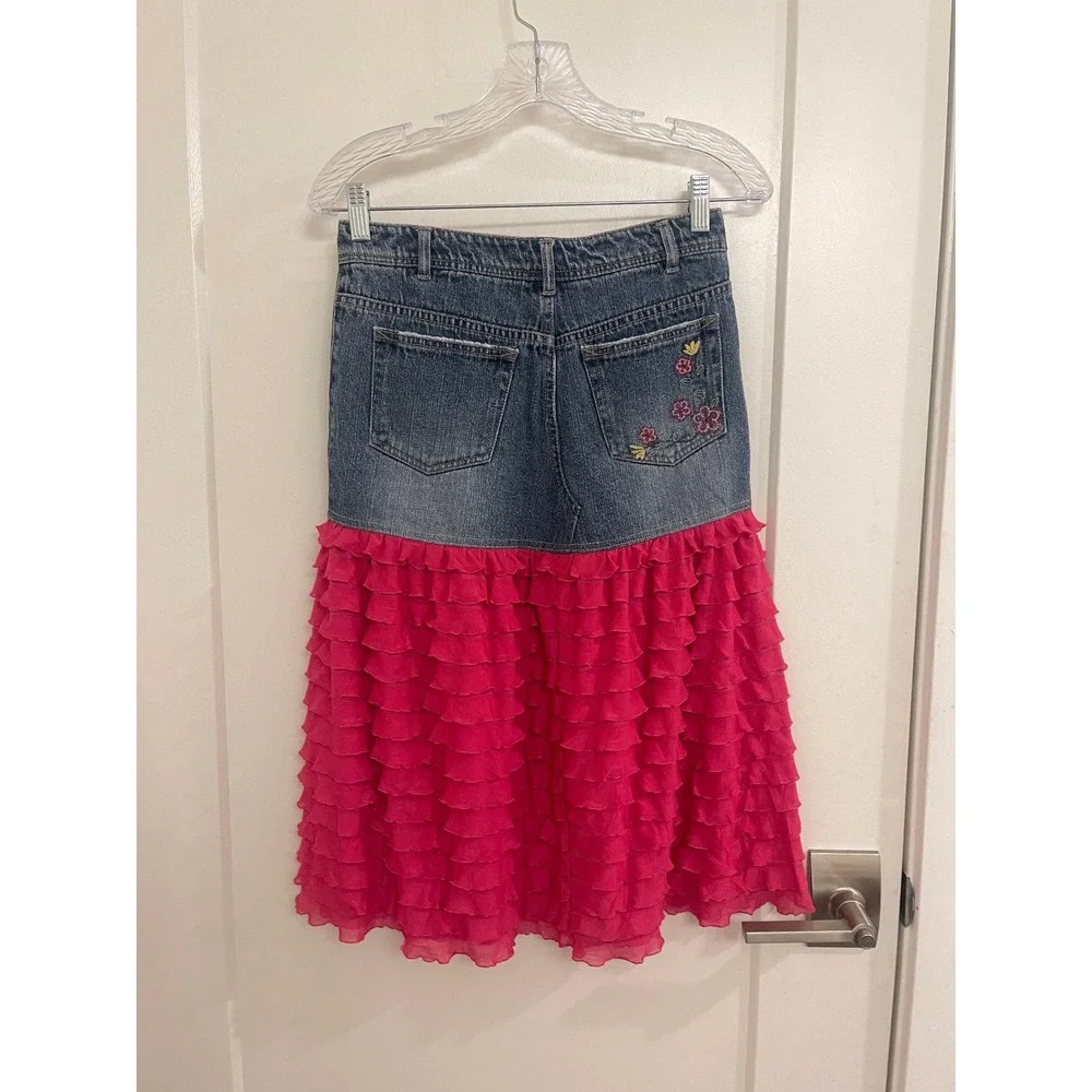 Vintage Y2K Denim‎ Embroidered Fairycore Skirt Ruffle Hot Pink